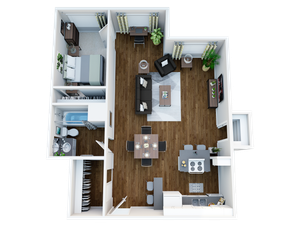 Charming 3D apartment floor plan showcasing a stylish bedroom, cozy living room, modern kitchen, and elegant bathroom layout with wood flooring.