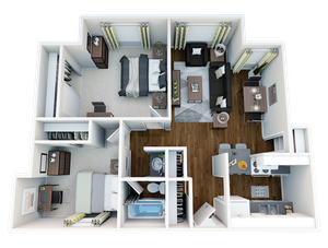 Elegant 3D floor plan showcasing 2 bedrooms, a cozy living area, a modern kitchen, and 2 bathrooms with stylish interior design.