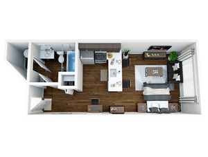 Modern open-concept 3D floor plan featuring a cozy bedroom, stylish living area, sleek kitchen with island, and elegant bathroom.
