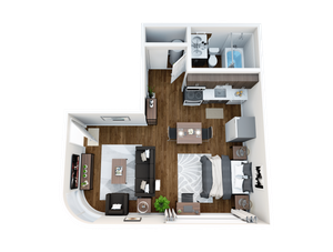 Modern apartment floor plan featuring an open-concept living room with curved windows, a cozy single bedroom, sleek kitchen, and elegant bathroom.