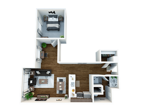 Modern 3D floor plan showcasing a spacious layout with one bedroom, open-concept kitchen, elegant living area, and stylish bathroom.