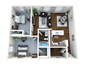2 Bed, 1 One bath furnished floor plan.