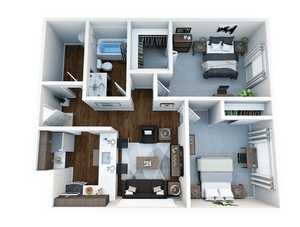 Contemporary 3D floor plan showcasing a spacious 2-bedroom apartment with an open-concept living and dining area, chic kitchen, modern bathroom, and ample closet space.