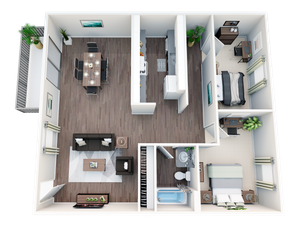 Modern 3D floor plan showcasing two elegant bedrooms, a sleek kitchen, and a stylish open-concept living-dining area with balcony access.
