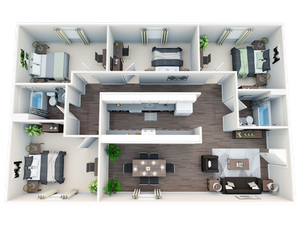 Chic 3D floor plan showcasing three spacious bedrooms, modern kitchen, elegant dining area, and cozy living room with stylish decor.