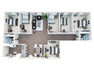 Modern floor plan featuring 4 bedrooms, spacious open living and dining area, and a sleek kitchen layout. Perfect for comfortable living.