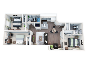 Contemporary 3D floor plan showcasing three spacious bedrooms, a stylish open-concept living and dining area, and modern kitchen with ample counter space.
