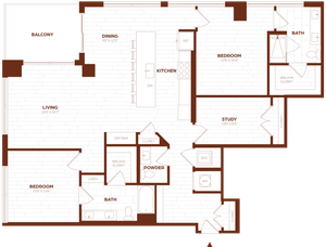 Elegant floor plan showcasing a spacious layout with 2 bedrooms, a cozy study, expansive living and dining areas, a modern kitchen, and a relaxing balcony.