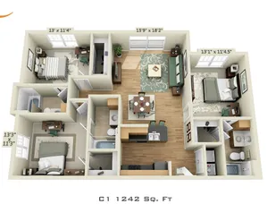 3D floor plan of a modern apartment with 3 bedrooms, an inviting living area, dining space, and a well-equipped kitchen.