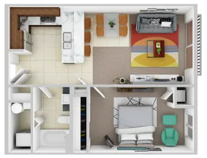 Inviting floor plan showcasing an elegant one-bedroom layout with open-concept living area, modern kitchen with breakfast bar, and stylish lounge space.