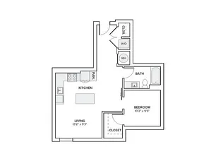 Charming 1-bedroom apartment floor plan with a modern kitchen, cozy living area, and convenient bath and closet space.