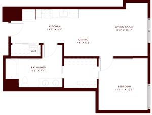 Contemporary apartment floor plan with spacious living room, kitchen, dining area, bedroom, and bathroom.