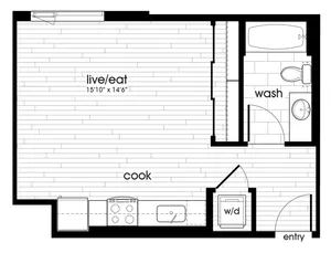 Contemporary studio apartment floor plan with open living and dining area, kitchen, bathroom, and washer/dryer.