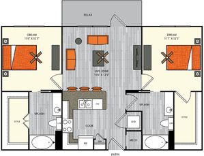 2 bedroom 2 bath apartment with dining area, walk in closets and 1006 sq ft