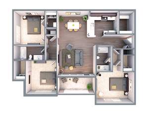 Elegant 3D floor plan showcasing spacious 3 bedrooms, modern kitchen, open living and dining area, and luxurious bathrooms.