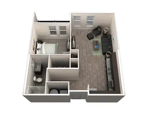 Elegant 3D floor plan of a chic one-bedroom apartment featuring an open living room, modern kitchen, and cozy bathroom.
