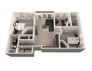 Modern 3D floor plan showcasing two spacious bedrooms, a cozy living area, and a contemporary kitchen.