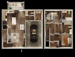 Elegant 2D floor plan showcasing a modern 2-bedroom layout with an open kitchen, cozy living area, and attached garage.