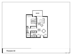 Inviting floor plan showcasing a spacious living room, cozy primary bedroom, modern kitchen, and private balcony.