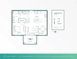 Chic 1-bedroom floor plan at 14 Fifty Neocity featuring modern kitchen, spacious living area, and patio, covering 734 square feet.
