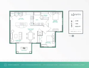 Modern floor plan of Unit B1 at 14Fifty NeoCity featuring 2 bedrooms, 1 bathroom, stylish living and dining area, functional kitchen, laundry space, and inviting patio, spanning 1025 square feet.