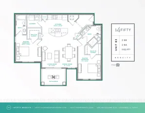 Elegant floor plan showcasing a spacious 2-bedroom, 2-bathroom apartment with open living and dining areas, modern kitchen, and two walk-in closets in a 1102 sq ft layout.