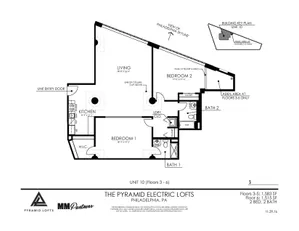Dynamic floor plan for The Pyramid Electric Lofts in Philadelphia, showcasing a 2-bedroom, 2-bath layout with spacious living and kitchen areas, offering skyline views.