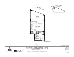 Modern studio floor plan at The Pyramid Electric Lofts, featuring a spacious open kitchen, laundry closet, and bathroom, with a view of the Philadelphia skyline.