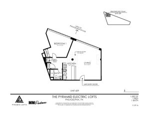 Modern Pyramid Electric Lofts floor plan featuring 1 bedroom, a spacious living area, and a sleek kitchen in Philadelphia, PA.