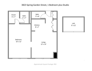 Elegant floor plan of 3823 Spring Garden Street featuring 1 bedroom plus studio, spacious living area, modern kitchen, two baths, and loft, approximately 850 sq ft.