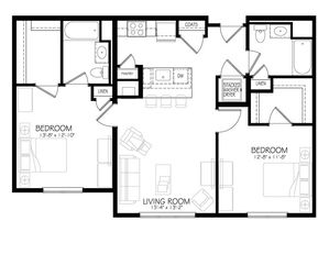 Modern 2-bedroom floor plan showcasing a spacious living room, open kitchen with island, two bathrooms, and convenient laundry area.
