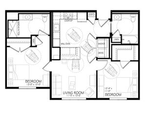 Inviting floor plan with 2 spacious bedrooms, a bright living room, modern kitchen, and convenient laundry area, perfect for stylish living.