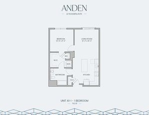 Modern 1-bedroom floor plan at Anden 22 Washington featuring a spacious living room, open kitchen, walk-in closet, and bathroom, covering 753 sq ft.