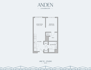 Modern studio floor plan at Anden, 22 Washington, featuring an open living room, kitchen, separate bedroom, walk-in closet, and bathroom, spread over 599 sq ft.