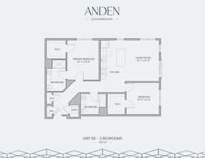 Sophisticated floor plan of Unit B2 featuring 2 spacious bedrooms, open living room, modern kitchen, and two bathrooms, totaling 1,195 sq ft at Anden, 22 Washington.