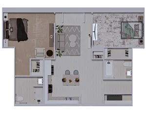 Modern floor plan featuring 2 spacious bedrooms, elegant living room, cozy dining area, stylish kitchen with island, and 2 sleek bathrooms.