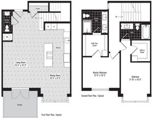 1516 square foot two bedroom two and a half bath two story townhome floorplan image