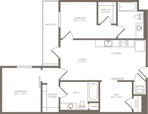 940 square foot two bedroom two bath floor plan