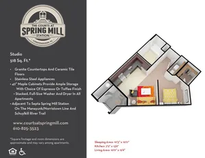 Modern studio floor plan with a cozy living area, sleek kitchen, and stylish sleeping space, featuring granite countertops and stainless steel appliances at The Courts at Spring Mill Station.