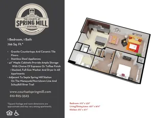 Modern one-bedroom floor plan at The Courts at Spring Mill Station, Conshohocken, featuring a spacious living/dining area, stylish kitchen with granite countertops, and ceramic tile floors. Total area of 766 sq. ft.
