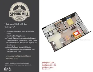 Chic 3D floor plan of The Courts at Spring Mill Station featuring 1 bedroom, a den, and an inviting open-concept living area with modern kitchen. Includes granite countertops, stainless steel appliances, and a private patio in a spacious 1041 sq ft layout.