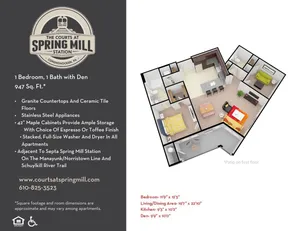 Inviting floor plan with 1 bedroom, a den, and spacious living area featuring granite countertops and stainless steel appliances, 947 sq ft, located at The Courts at Spring Mill Station.