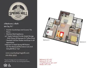 Elegant 3D floor plan featuring 2 bedrooms, open living/dining area, modern kitchen, and 2 bathrooms; spacious 997 sq. ft. layout with premium finishes.