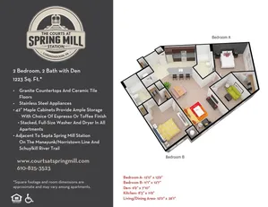 Modern 3D floor plan of a 2 bedroom, 2 bath apartment with a den, featuring an open-concept kitchen and living area. Spacious layout with granite countertops and stainless steel appliances in a 1223 sq. ft. space.