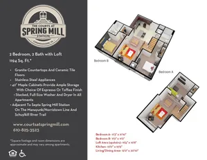 Elegant 3D floor plan showcasing a stylish 2 bedroom, 2 bath apartment with a cozy loft and modern kitchen. Features granite countertops, ceramic tile floors, and high-end stainless steel appliances. Conveniently located near SEPTA Spring Mill Station.