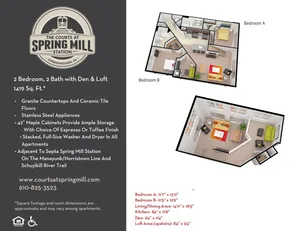 Chic floor plan of The Courts at Spring Mill featuring 2 bedrooms, 2 baths, a den, and loft. Spacious living area with modern kitchen and stylish finishes in 1419 sq. ft.