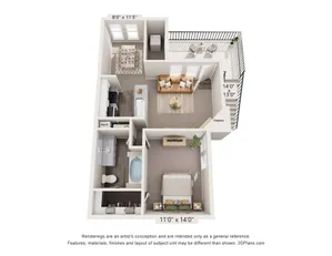 Modern 3D apartment floor plan featuring a cozy living room with fireplace, spacious bedroom, stylish kitchen, and dining area opening to a balcony.