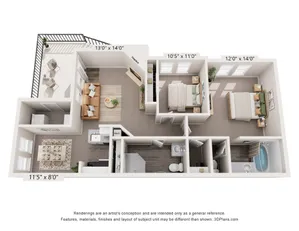 Inviting 3D floor plan featuring a spacious two-bedroom layout, cozy living room with fireplace, modern kitchen with dining area, and expansive balcony.