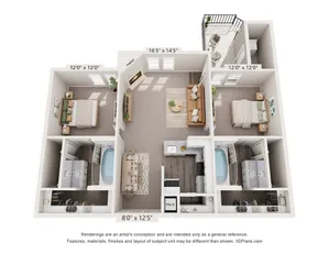 Contemporary 3D floor plan featuring 2 spacious bedrooms, an elegant living area with a cozy fireplace, and a modern kitchen with an island. Includes two luxurious bathrooms and a charming balcony for outdoor relaxation.