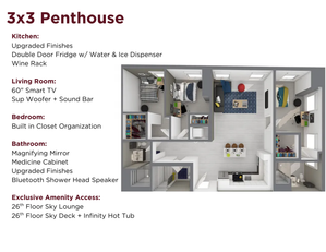 Luxurious 3x3 Penthouse floor plan featuring upgraded kitchen with double door fridge, spacious living room with 60-inch smart TV, and stylish bedrooms with built-in closet organization. Enjoy exclusive access to 26th-floor sky lounge and infinity hot tub.